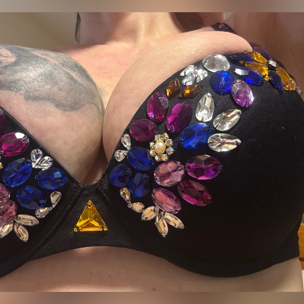 Jeweled Crystal Embellished Black Bra with Multicolor Gemstones - Picture 6 of 11